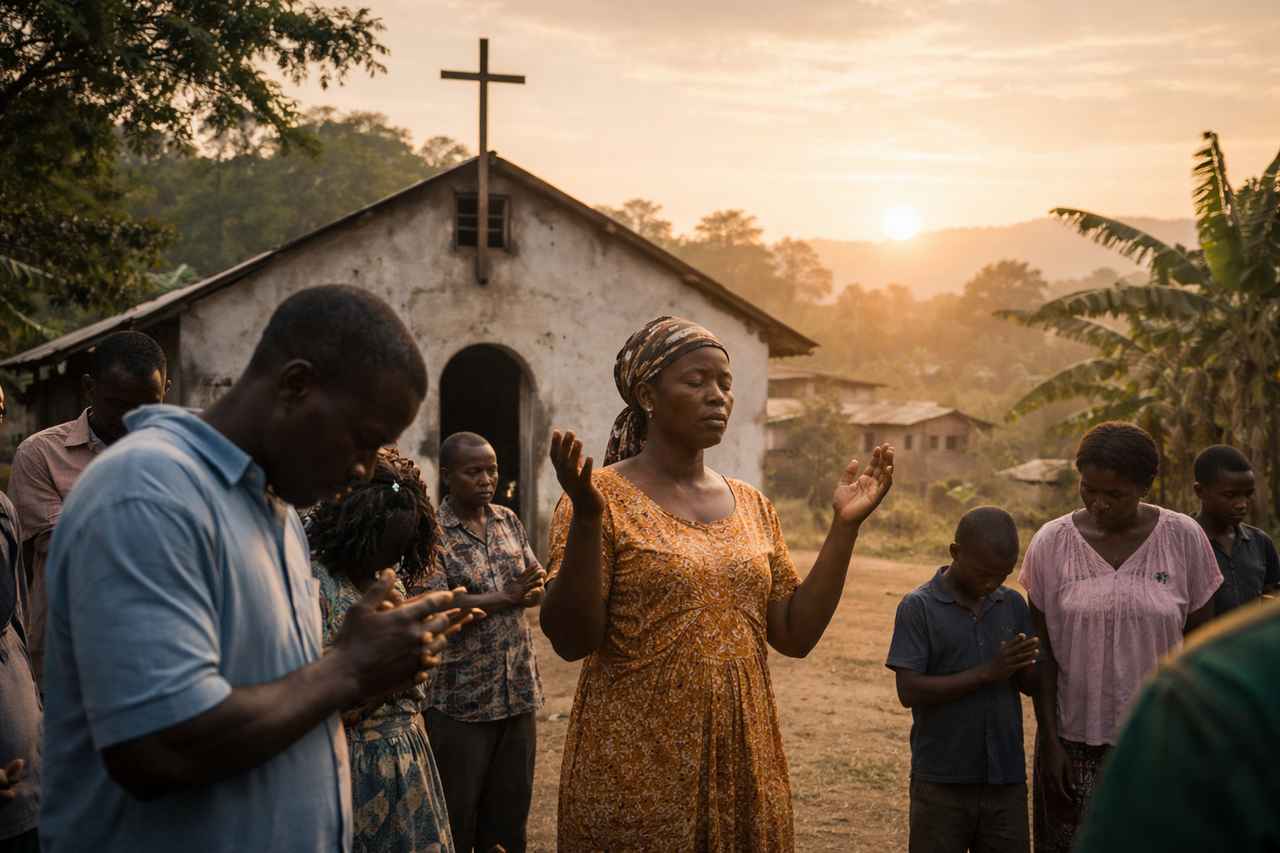 Group of Ugandan adults and children gathered in prayer outside a small church at sunset.