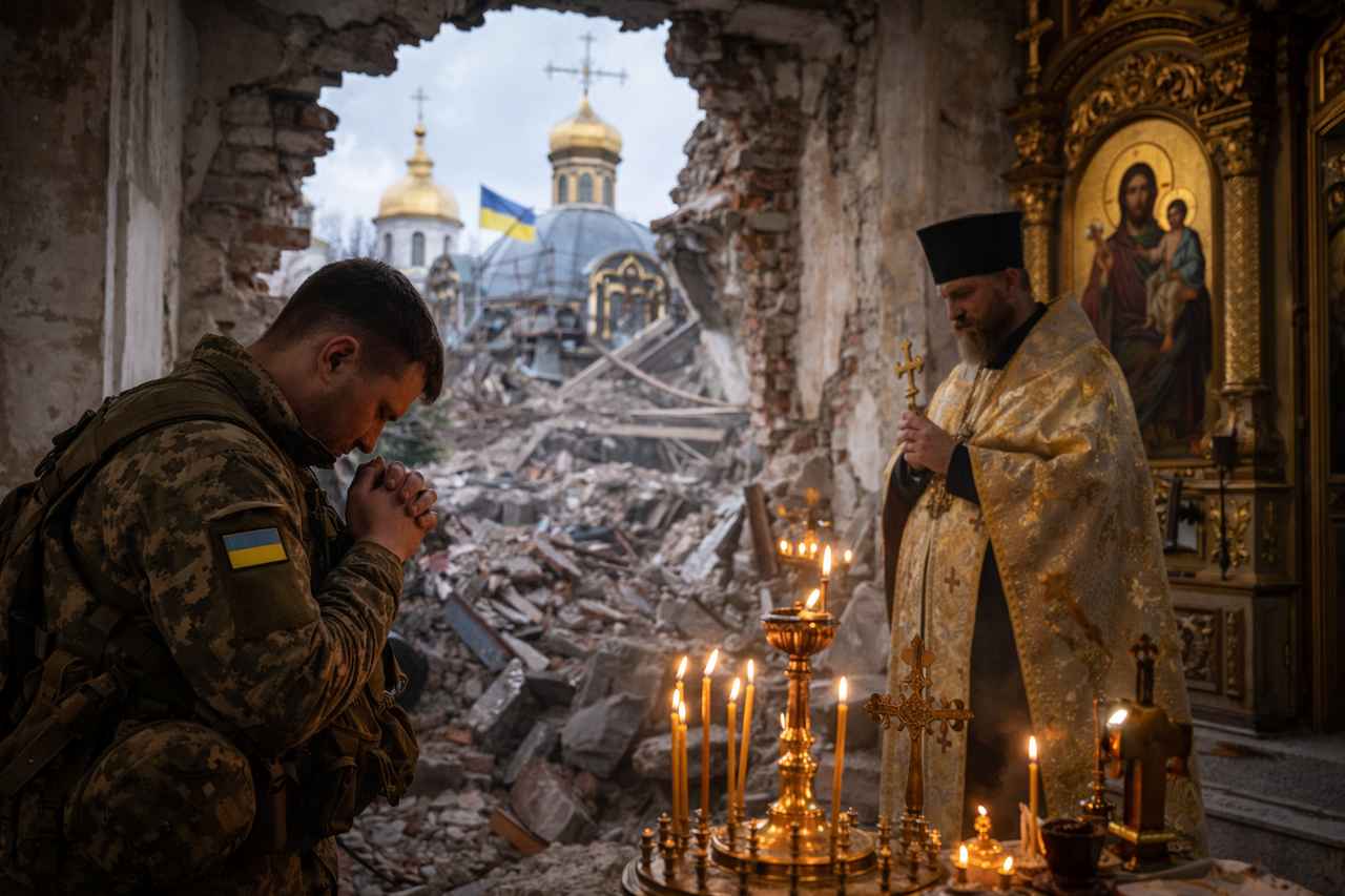 A Ukrainian soldier and an Orthodox priest stand in prayer inside a damaged church, with candles in the foreground and rubble, church domes, and a Ukrainian flag visible through a shattered wall.