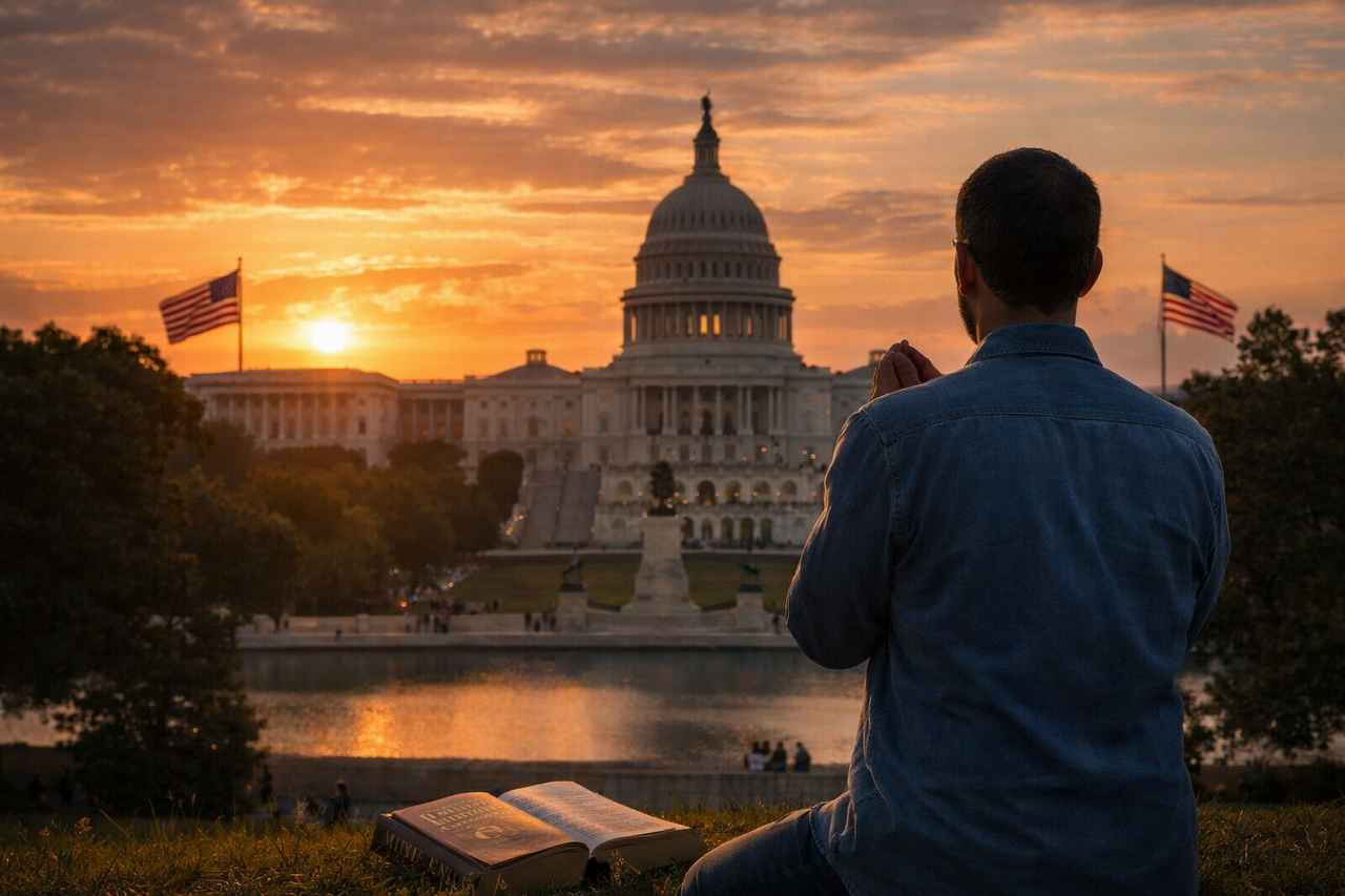 A man sits in prayer facing the U.S. Capitol at sunset, with an open Bible in the foreground and American flags on either side.