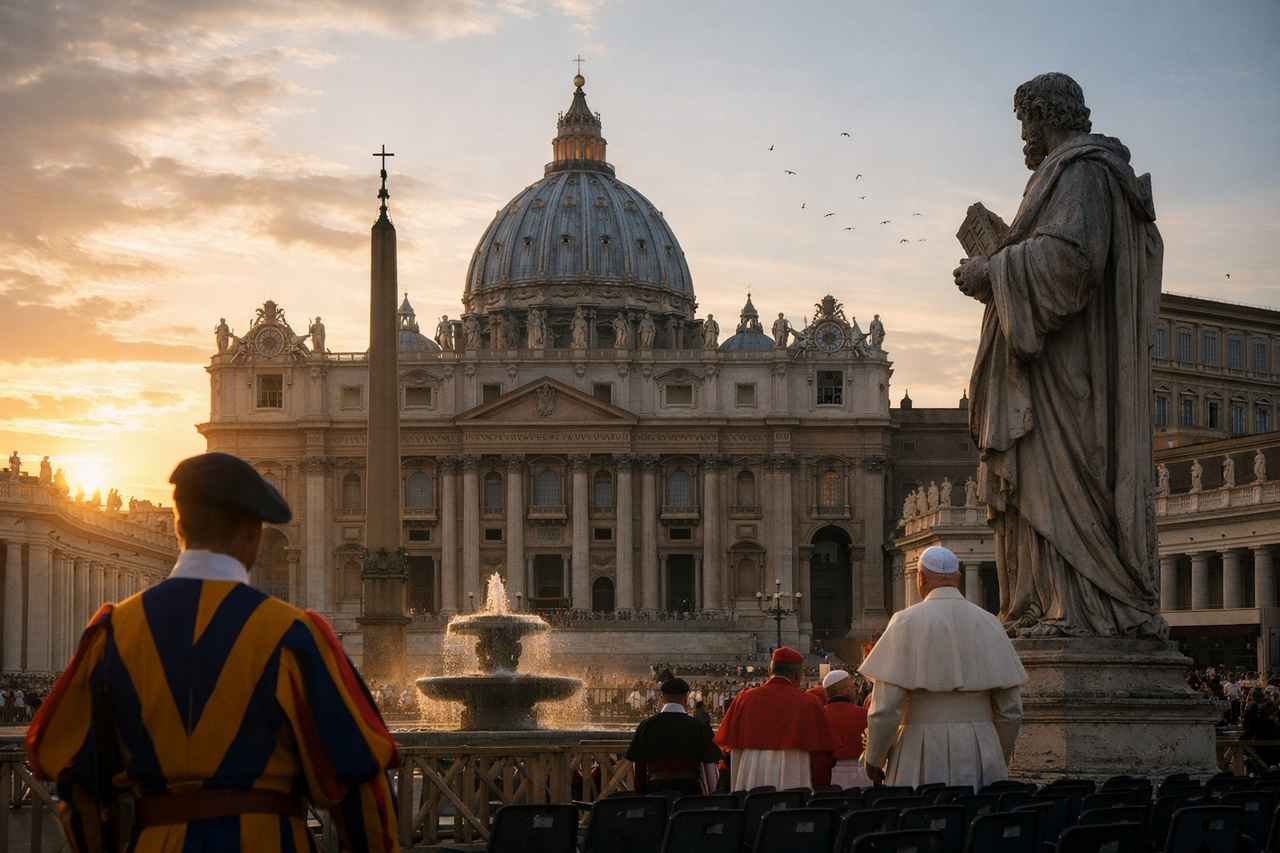 A white-robed church figure walks across St. Peter’s Square toward St. Peter’s Basilica in Vatican City, with a Swiss Guard blurred in the foreground and clergy and guards nearby.