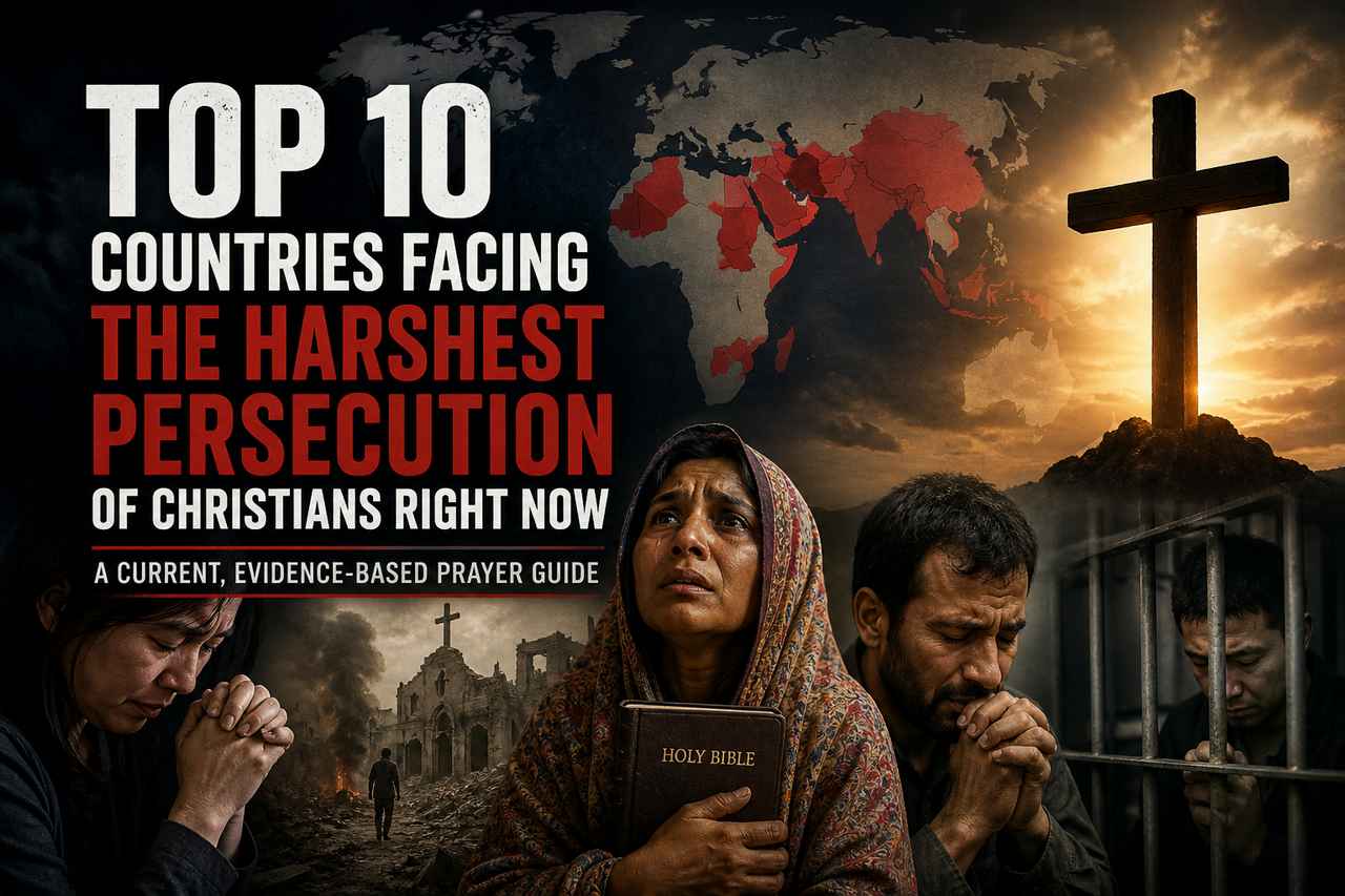 Christians praying over an open Bible, representing persecuted believers facing severe pressure around the world in 2026.