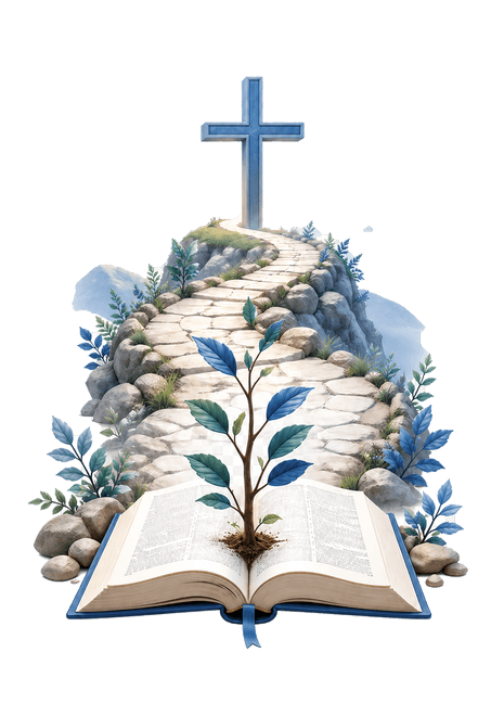 Open Bible with a growing plant, stone path, and cross in blue tones, representing steady Christian growth and discipleship.