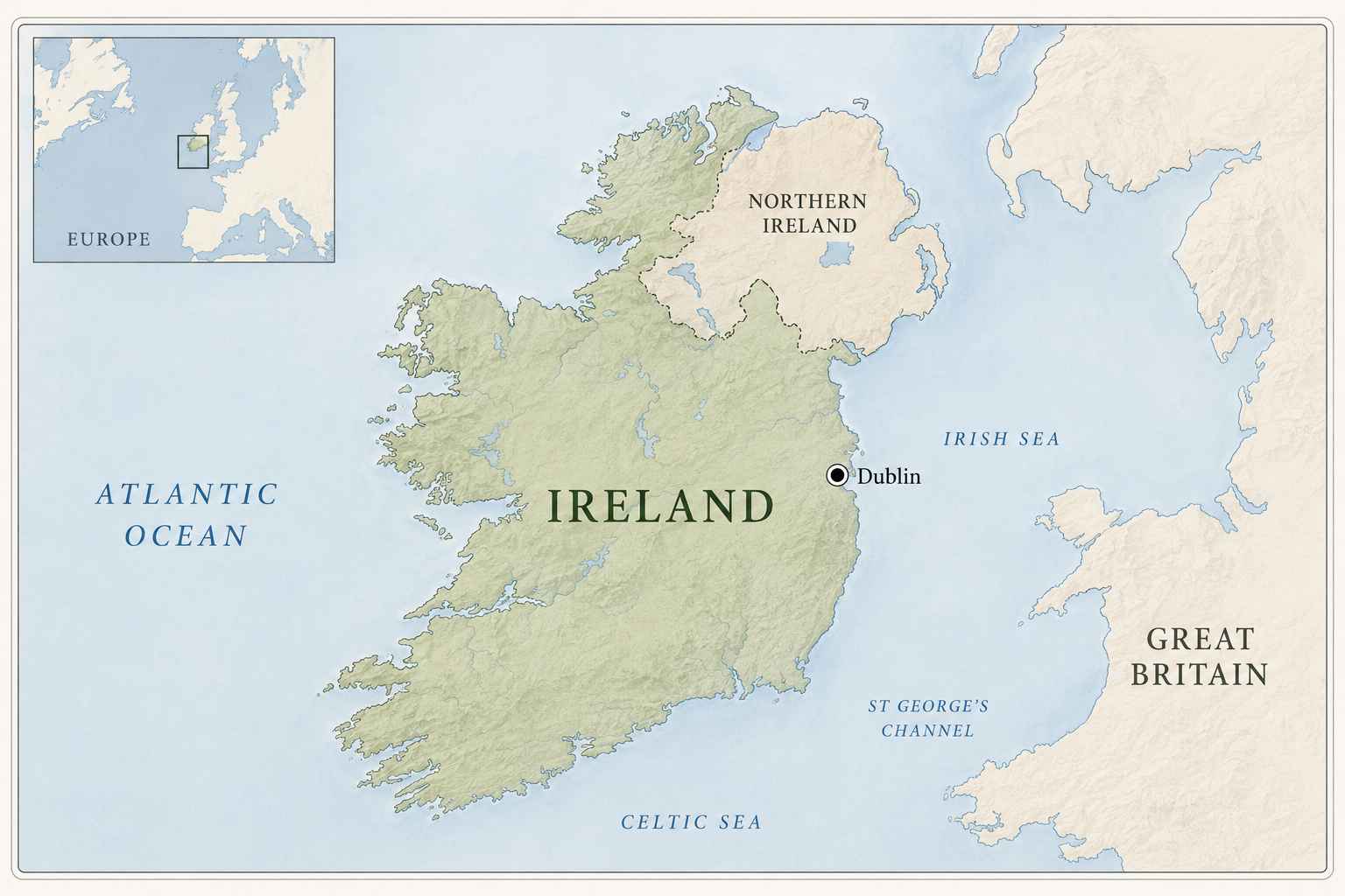Map of Ireland showing the country in its regional setting, with Northern Ireland, Great Britain, the Atlantic Ocean, and the Irish Sea for geographic orientation.