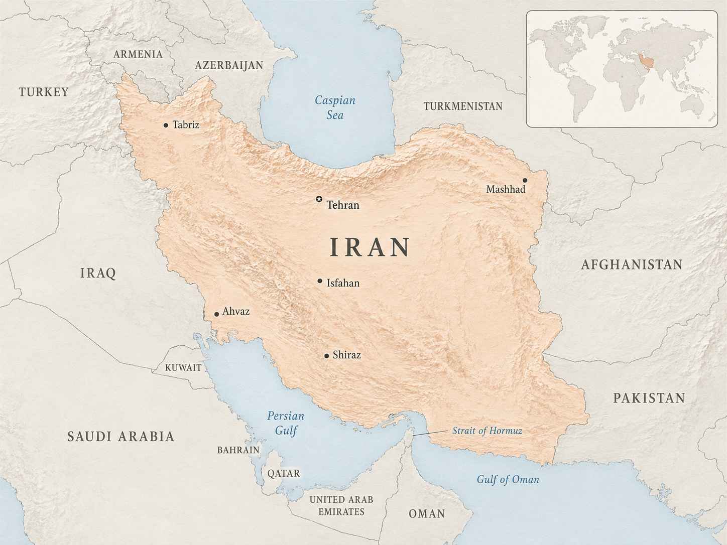 Map of Iran showing Tehran, major cities, surrounding countries, the Persian Gulf, and the Gulf of Oman