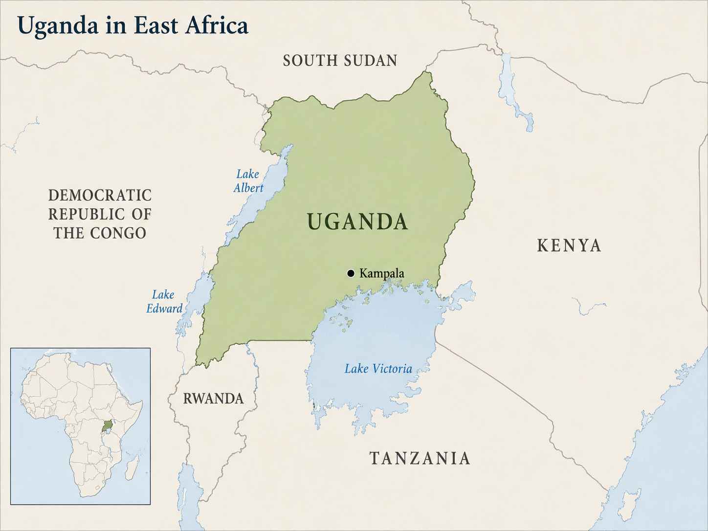 Map of Uganda showing its location, capital, neighboring countries, and major geographic features