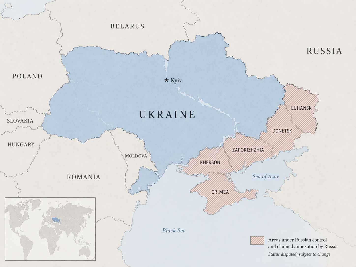 Map of Ukraine with Kyiv marked, neighboring countries labeled, a small wider-world locator inset, and shaded areas showing Crimea and parts of Kherson, Zaporizhzhia, Donetsk, and Luhansk under Russian control and claimed annexation.