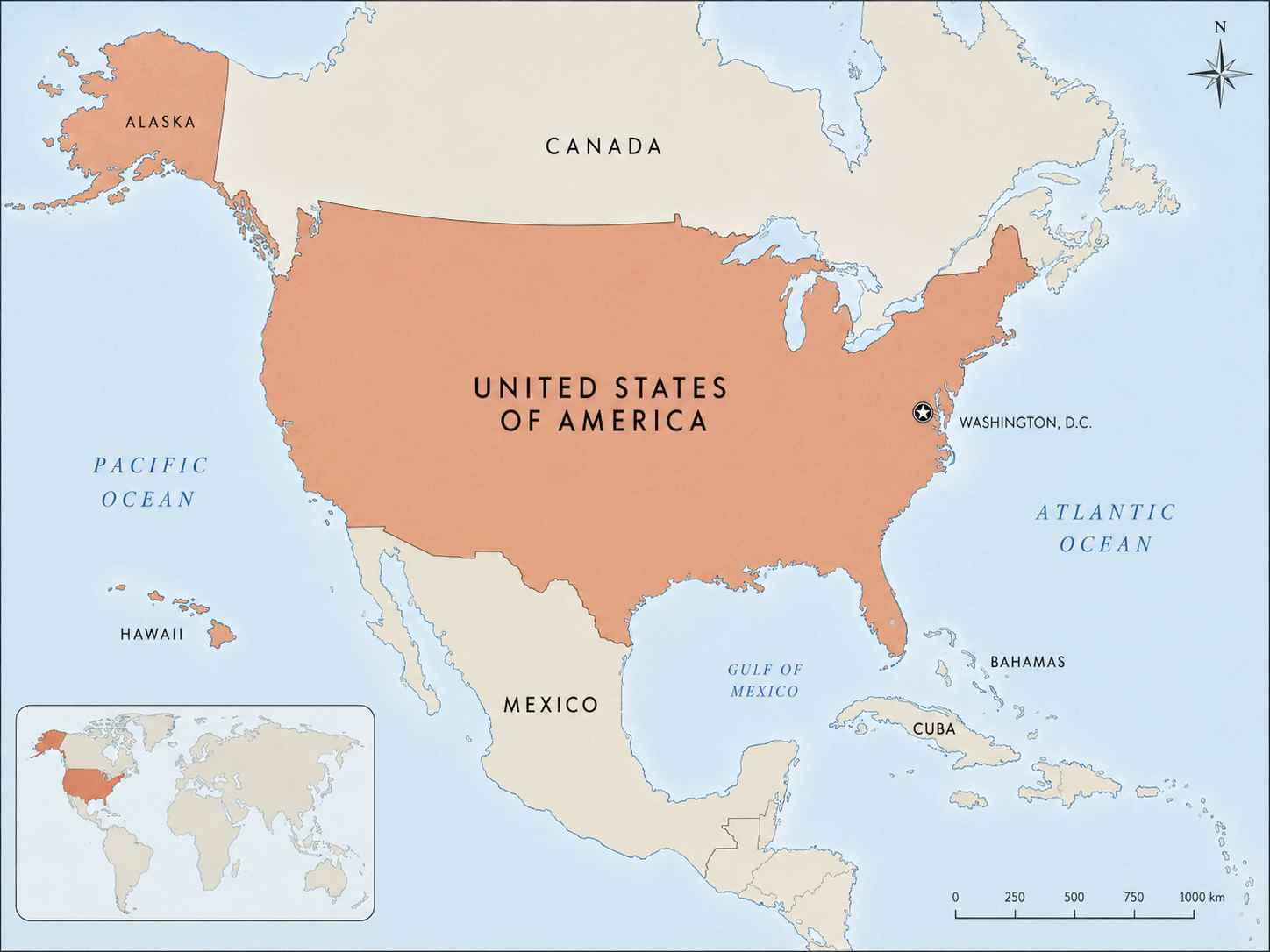 Regional map of the United States in North America, highlighted against Canada and Mexico, with Washington, D.C. marked, nearby Atlantic and Pacific Ocean labels, the Gulf of Mexico, and a small wider-world locator inset showing the country’s global position.
