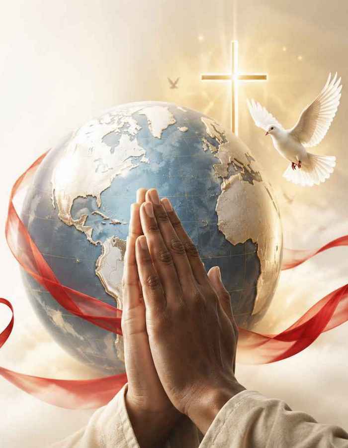 Praying for the nations with an open Bible and globe