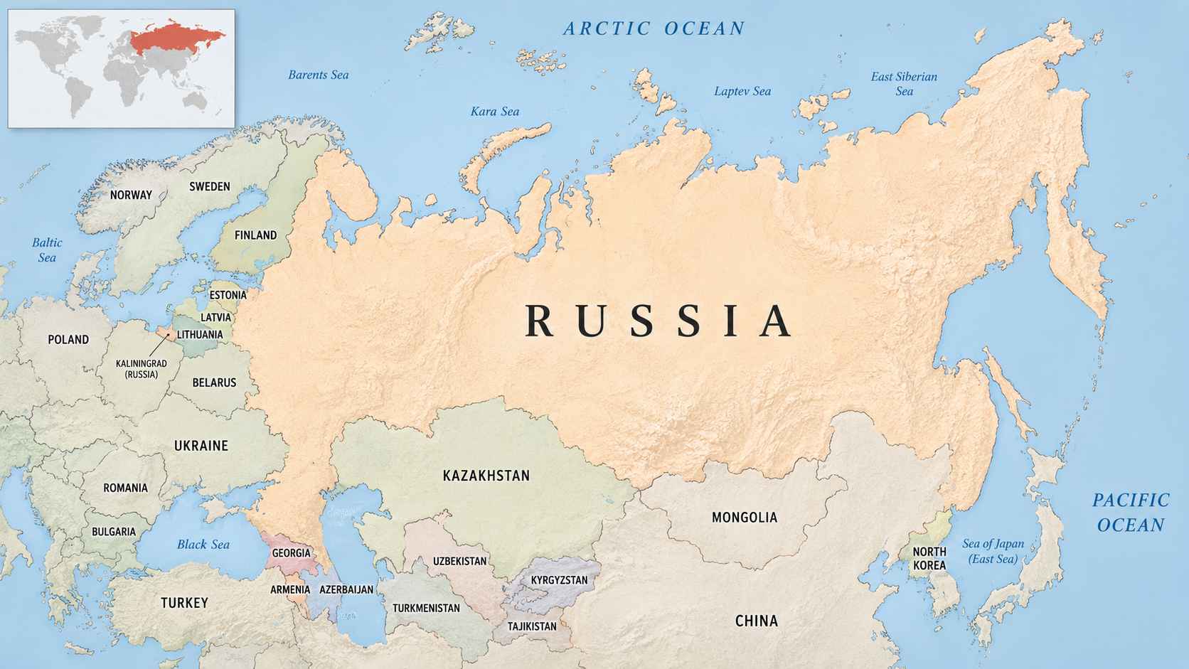 Map of Russia showing the country within its regional neighborhood across Europe and Asia, with surrounding countries labeled and a small world inset highlighting Russia’s global location.