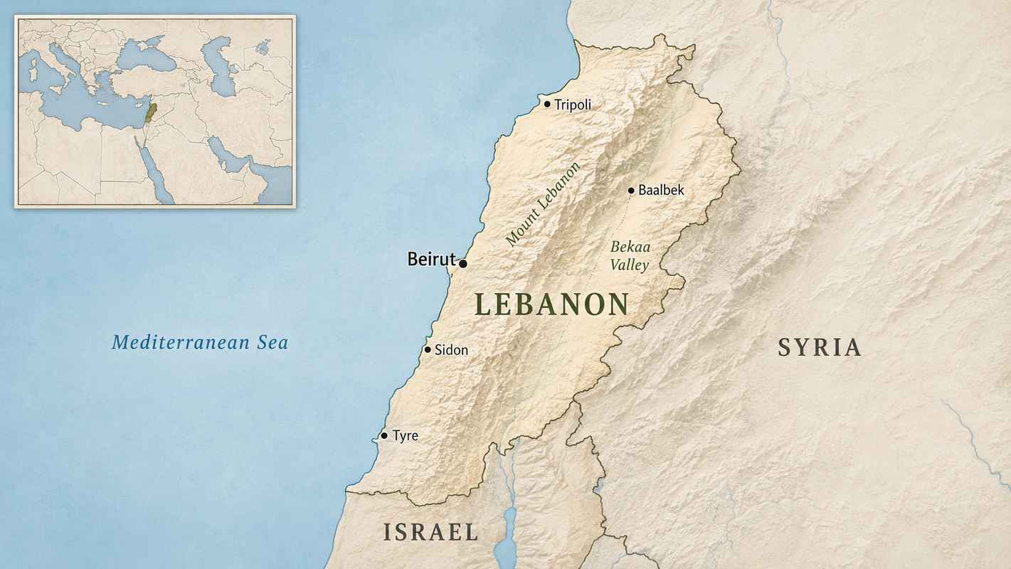 Map of Lebanon on the eastern Mediterranean coast, with Beirut, Tripoli, Sidon, Tyre, Baalbek, Mount Lebanon, Bekaa Valley, Syria, Israel, and the Mediterranean Sea labeled.