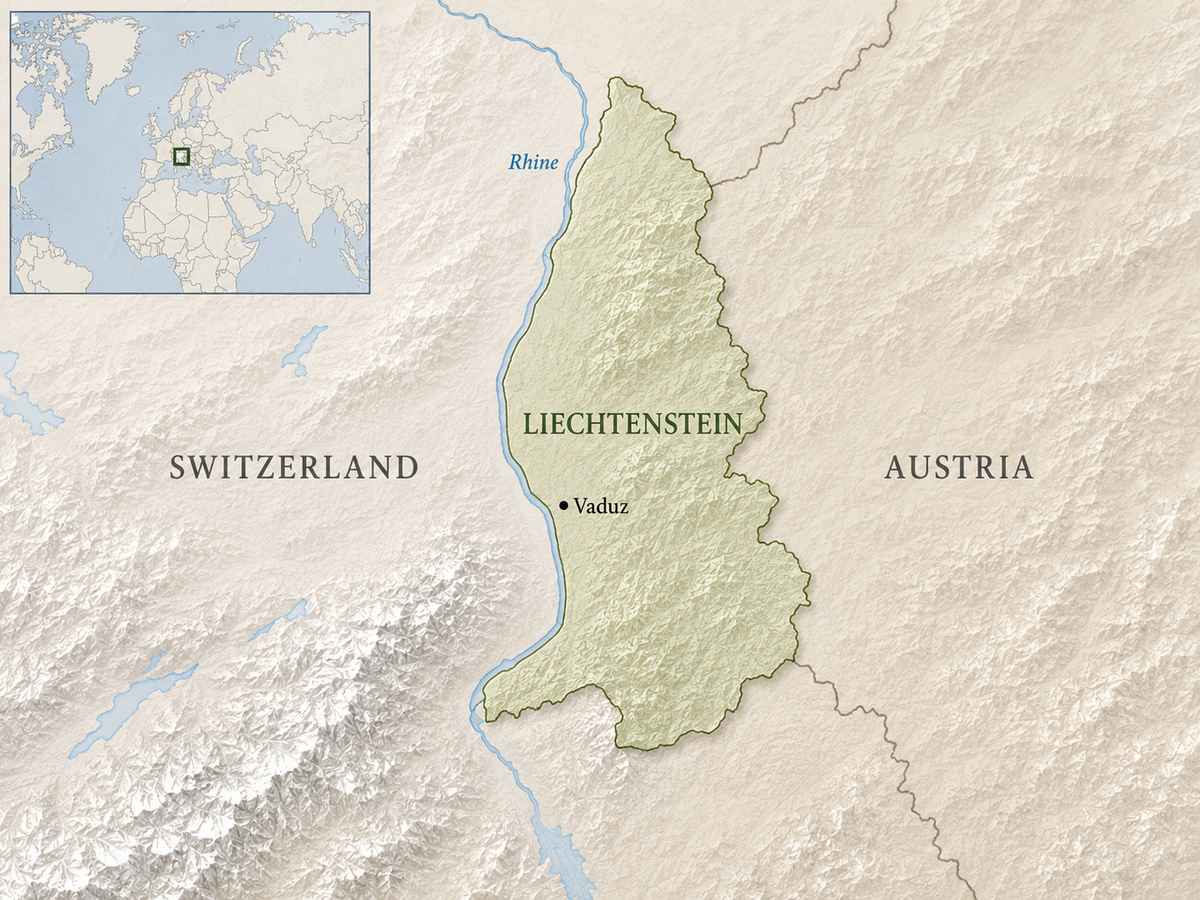 Map of Liechtenstein between Switzerland and Austria, with Vaduz marked and an inset showing its location in Europe.