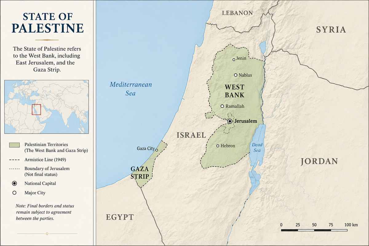Map of the State of Palestine showing the West Bank and Gaza Strip in regional context, with nearby countries and a wider-world locator inset.
