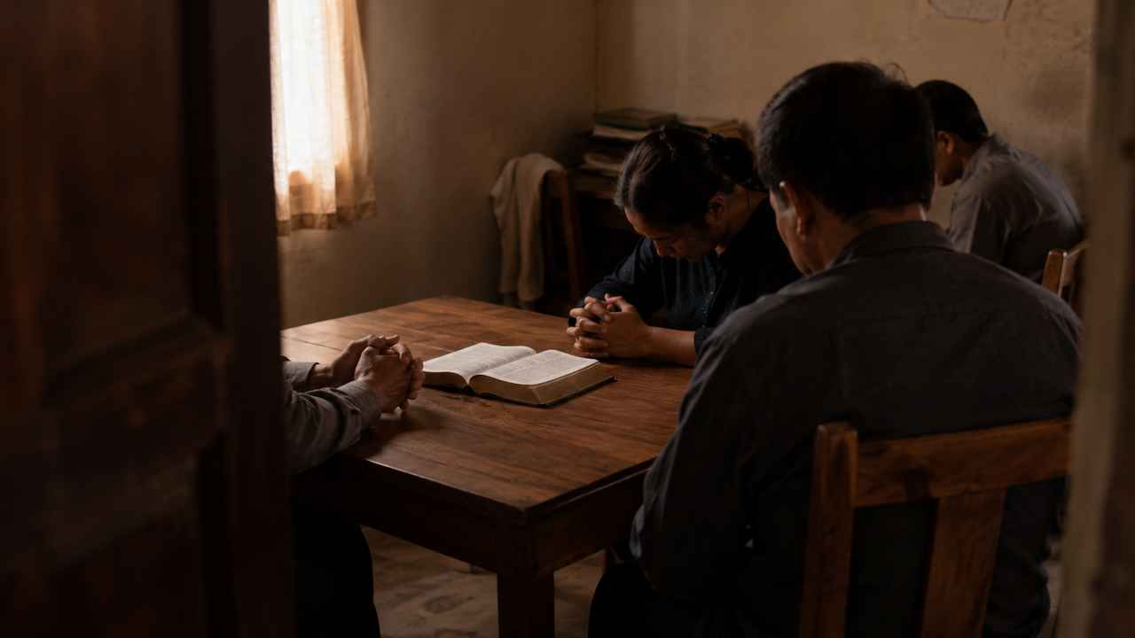 A quiet Christian worship or Bible scene representing prayer for believers facing persecution, restrictions, and hostility.