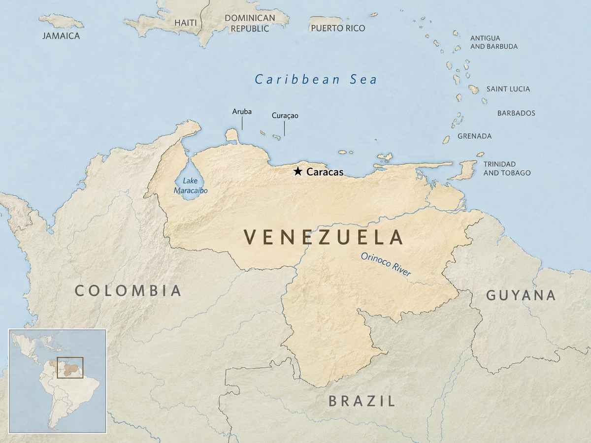 Map showing Venezuela on the Caribbean coast of South America, bordered by Colombia, Brazil, and Guyana, with Caracas marked for geographic orientation.