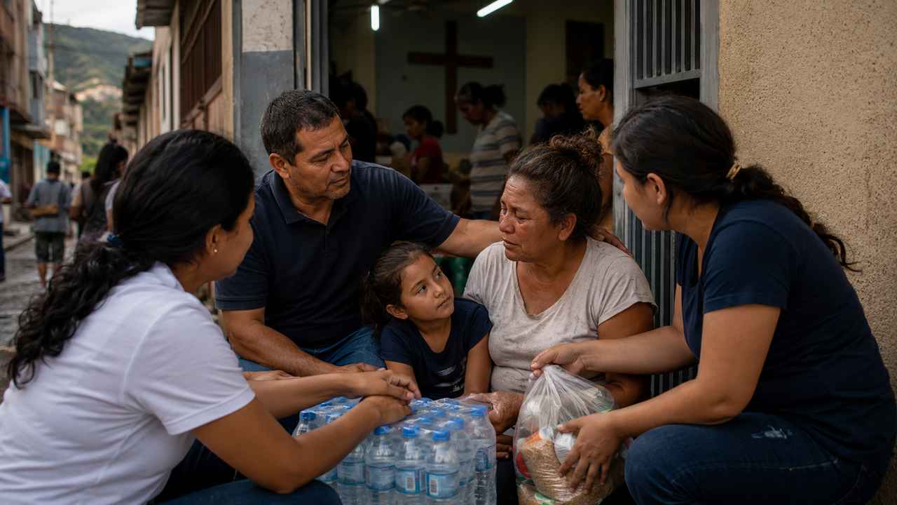 Venezuelan church volunteers offering food, water, and comfort to a weary family near a modest church doorway.