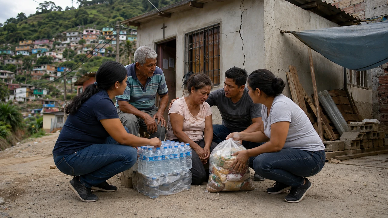 Five adults gather around bottled water and food supplies outside a cracked hillside home during earthquake recovery in Venezuela.