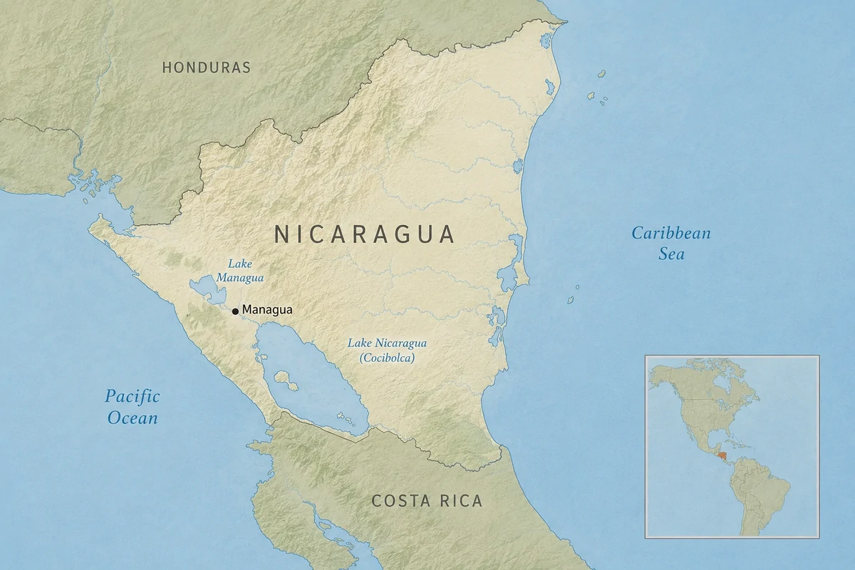 Map of Nicaragua in Central America showing Honduras, Costa Rica, the Pacific Ocean, Caribbean Sea, Managua, Lake Managua, Lake Nicaragua, and a locator inset highlighting Nicaragua in the Americas.