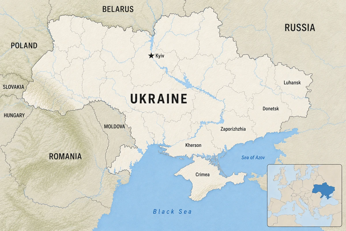 Regional map of Ukraine showing Kyiv, neighboring countries, the Black Sea, the Sea of Azov, and a Europe locator inset.
