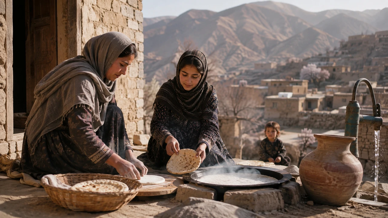 Afghan mother and teenage daughter preparing flatbread in a mountain village courtyard, with a child, water pump and clay vessel nearby.