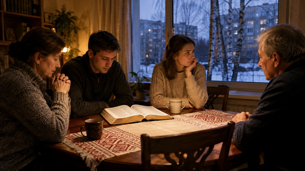 A Belarusian family gathered quietly around an open Bible in a winter apartment at dusk, with an empty chair at the table.
