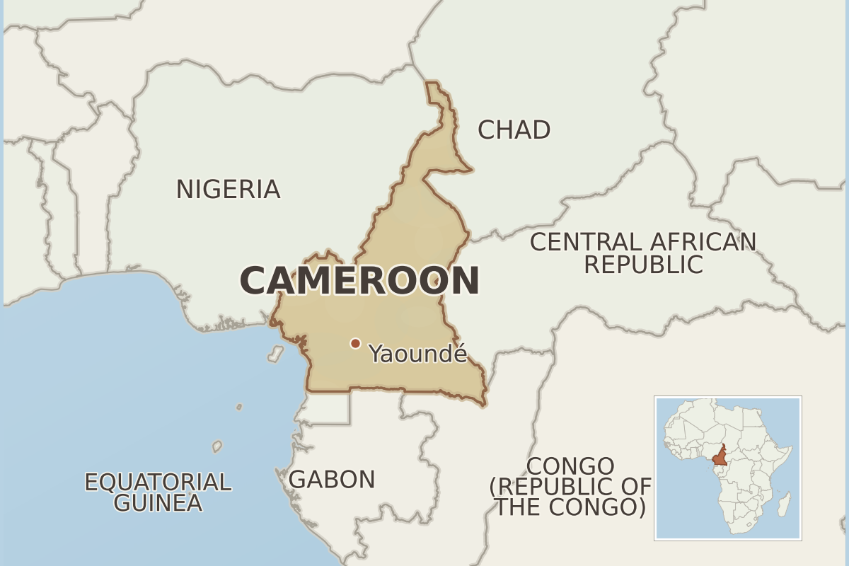 Map of Cameroon showing Yaoundé and neighbouring Nigeria, Chad, the Central African Republic, the Republic of the Congo, Gabon and Equatorial Guinea, with an Africa locator inset.