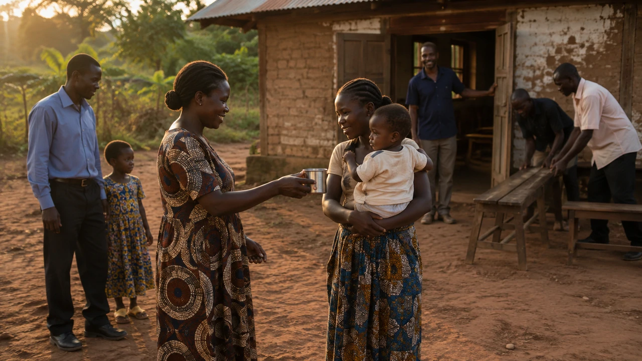 A woman offers a metal cup of water to a mother holding a child as others prepare benches outside a modest church.