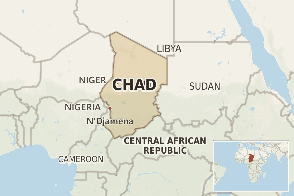 Map locating Chad in the Sahel, with N'Djamena, neighbouring countries and an inset showing its position in Africa.