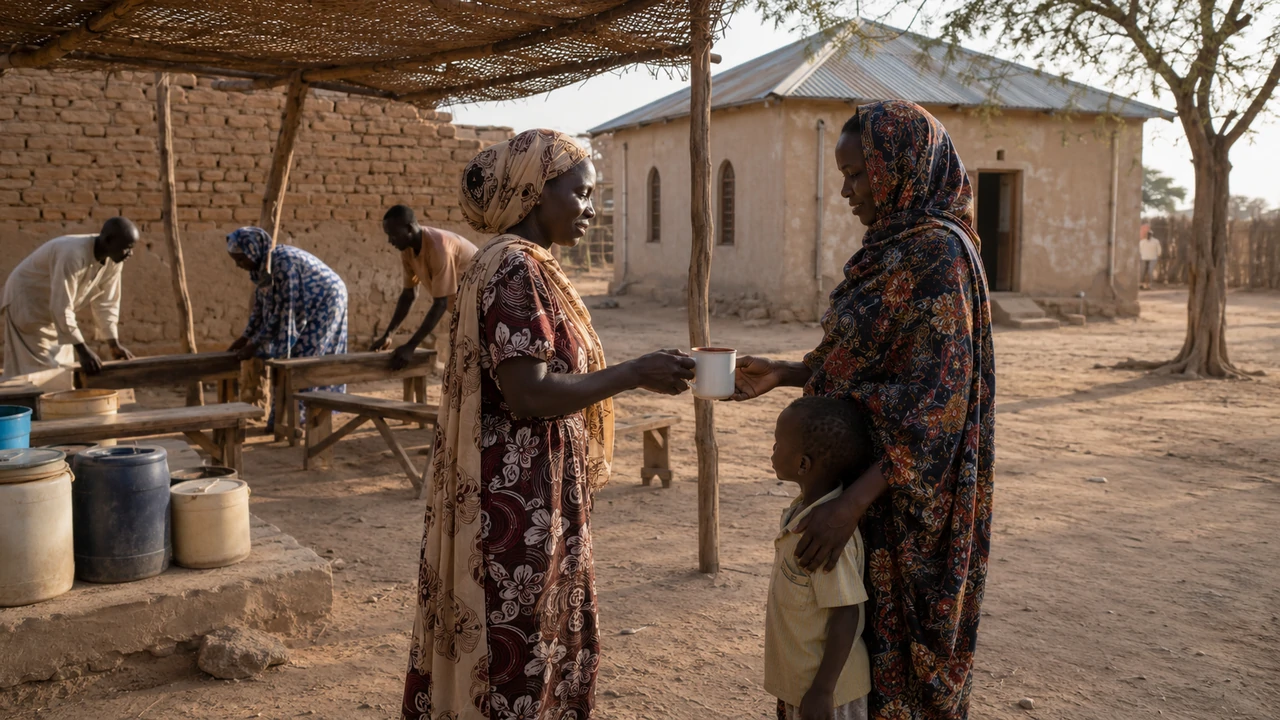 Two women exchange a cup of water in a shaded church courtyard in eastern Chad, with a child and other adults nearby.
