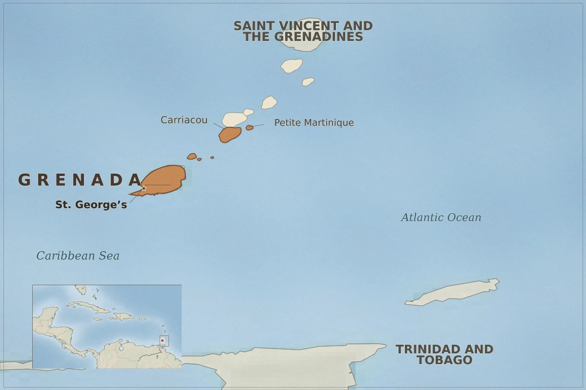 Map of Grenada in the Eastern Caribbean showing St. George’s, Carriacou and Petite Martinique, with Saint Vincent and the Grenadines to the north, Trinidad and Tobago to the south, and a Caribbean locator.