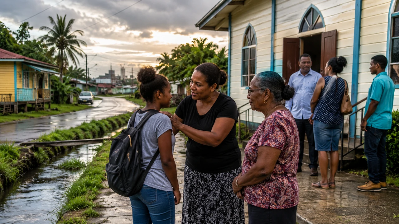 A woman speaks with a young person outside a church beside a drainage canal in a rain-washed Guyanese neighbourhood, with an older woman nearby.