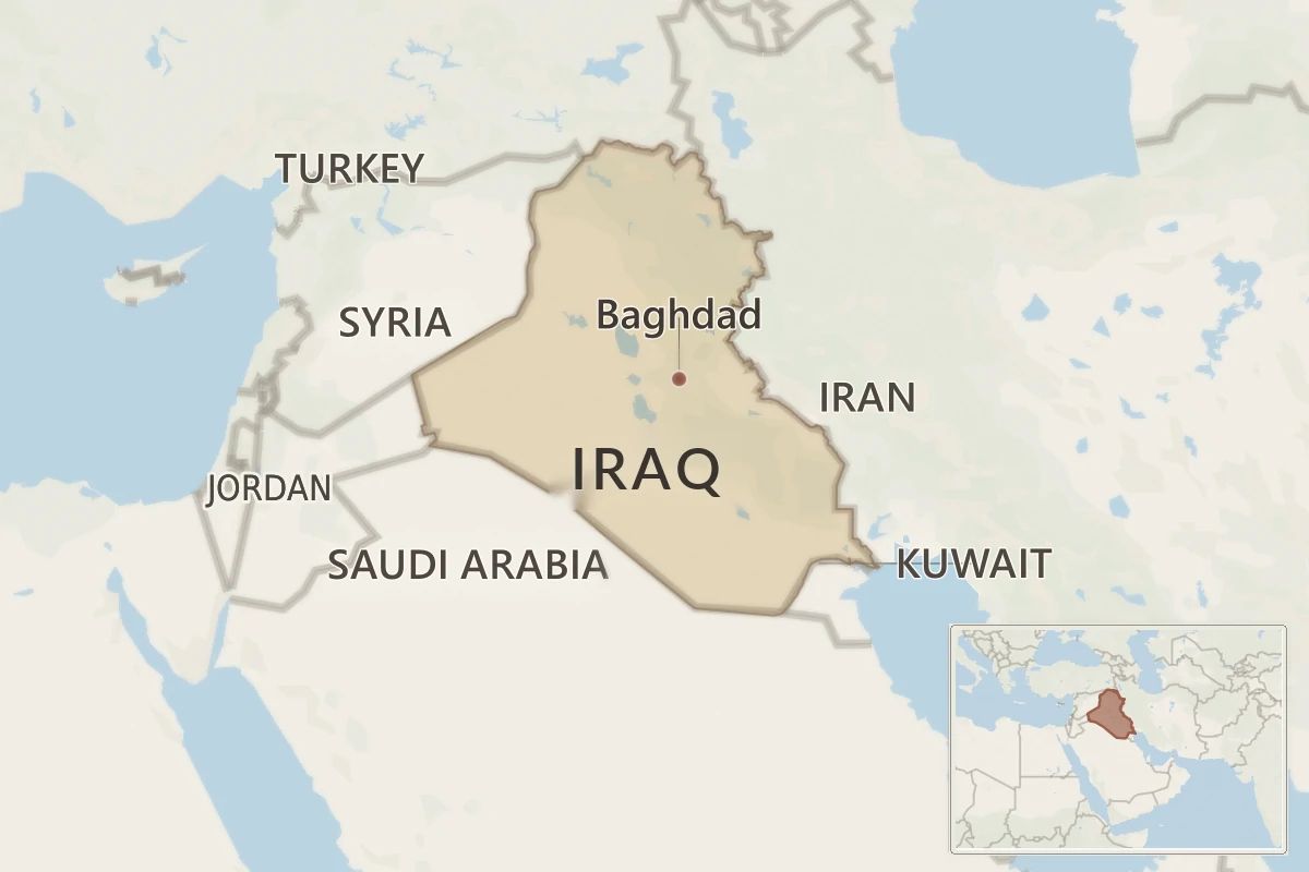 Map of Iraq showing Baghdad, neighbouring countries, and Iraq's location in the wider Middle East.