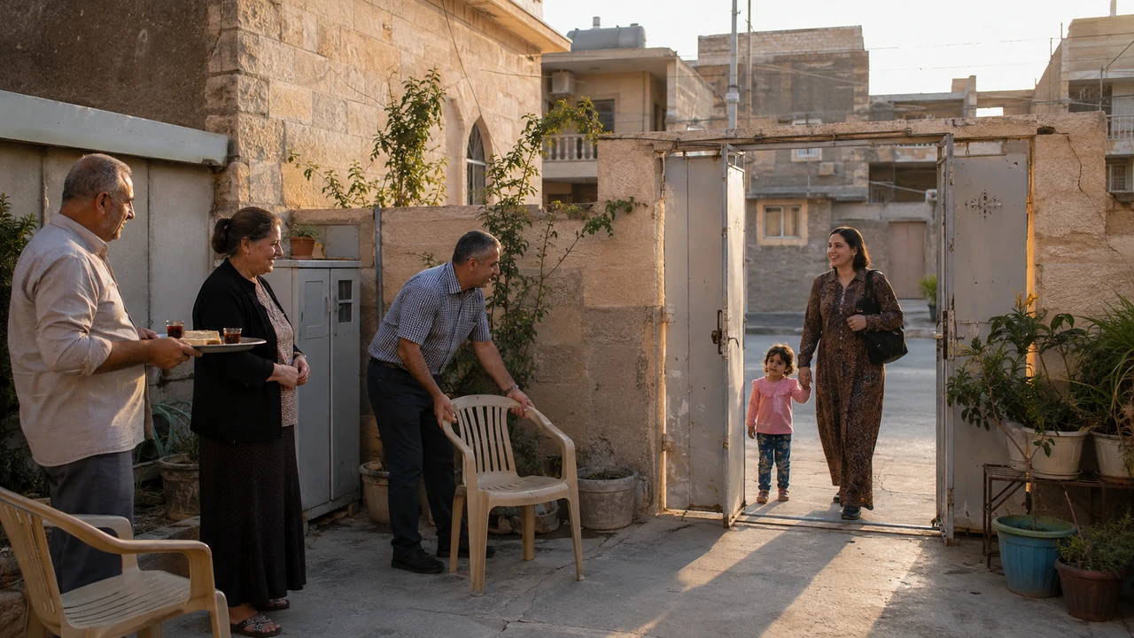 Iraqi adults welcome a mother and young child into a sunlit stone courtyard while preparing tea and a chair.