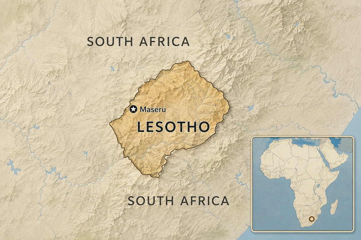 Relief map of Lesotho surrounded by South Africa, with Maseru marked and an inset locating Lesotho in southern Africa.