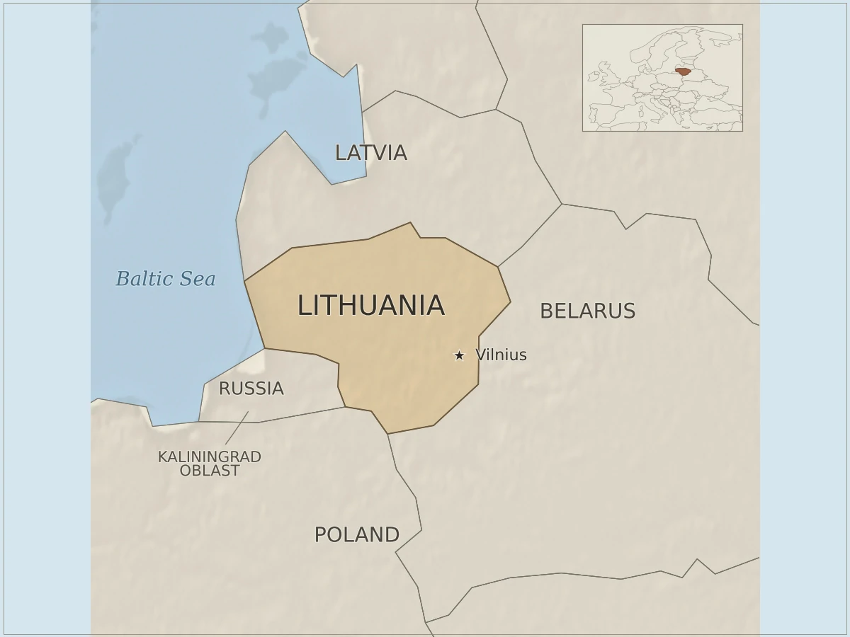 Map highlighting Lithuania in the Baltic region, with Latvia, Belarus, Poland, Russia’s Kaliningrad Oblast, Vilnius, the Baltic Sea, and a Europe locator.