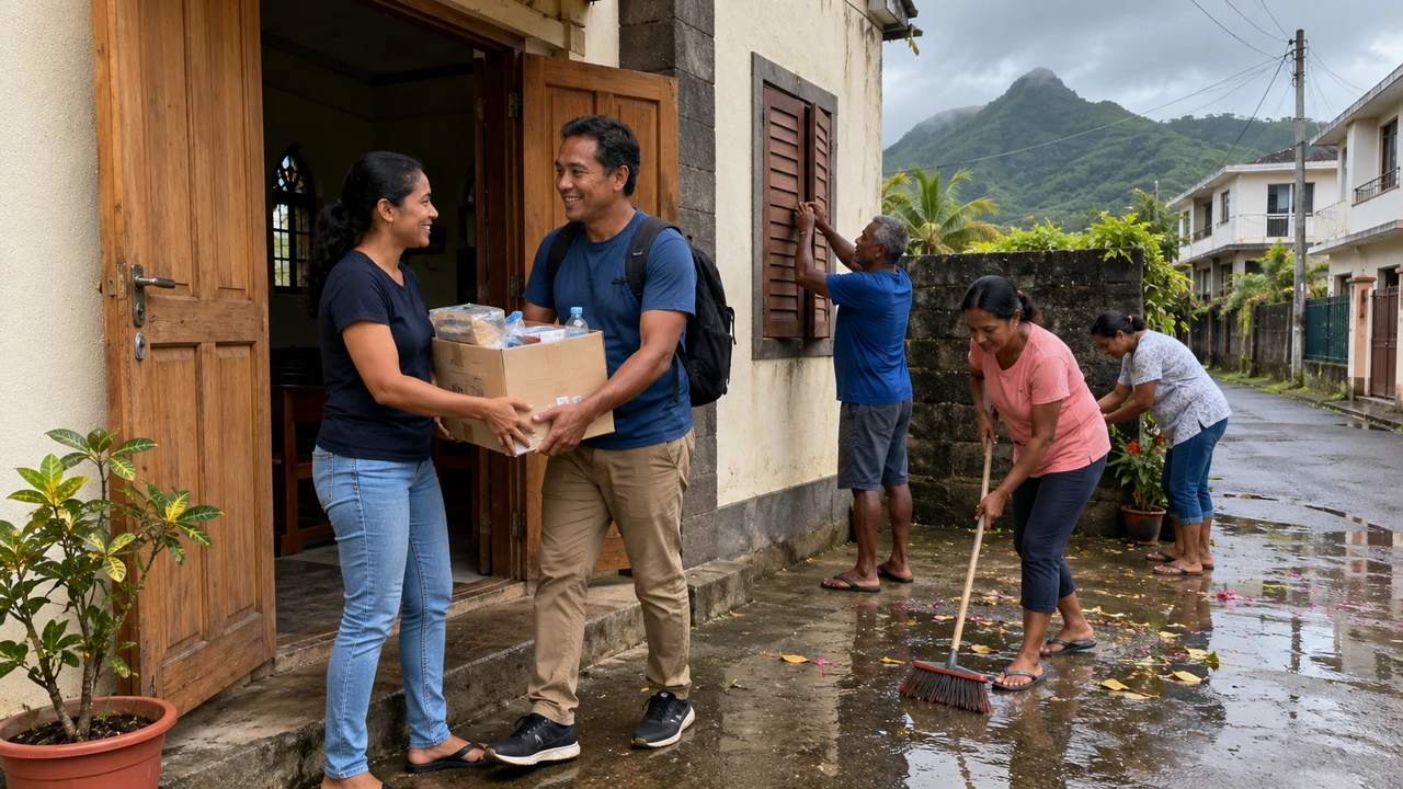 Volunteers carry supplies and prepare a rain-wet church courtyard in a Mauritian neighbourhood, with tropical plants and mountains behind them.