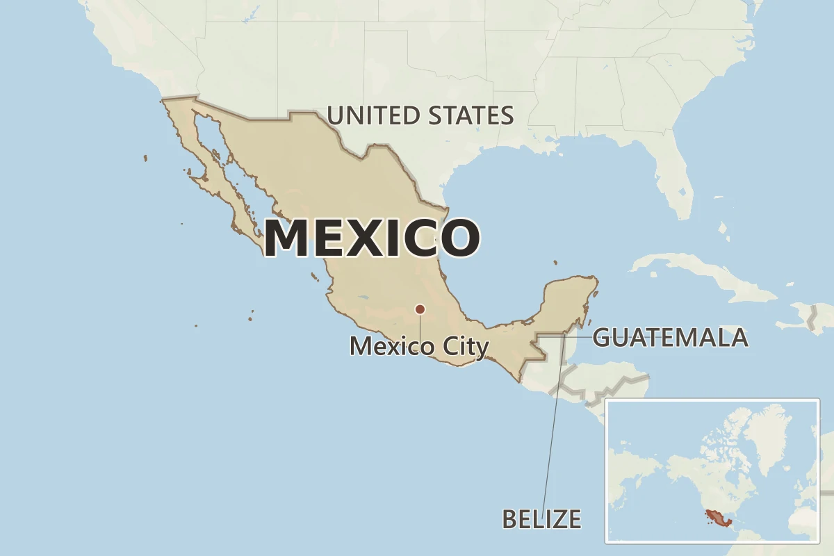 Map of Mexico showing the United States, Guatemala, Belize, Mexico City, and an inset locating Mexico in North America.