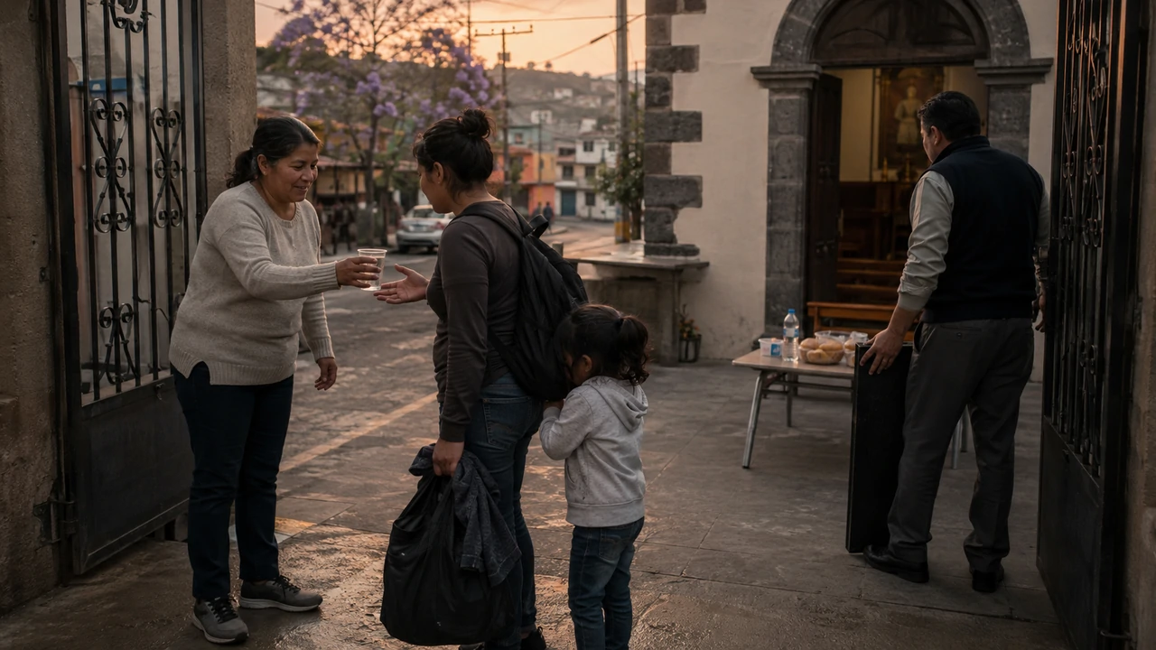 Woman offers water to a mother and child at a modest church entrance in a Mexican neighbourhood.