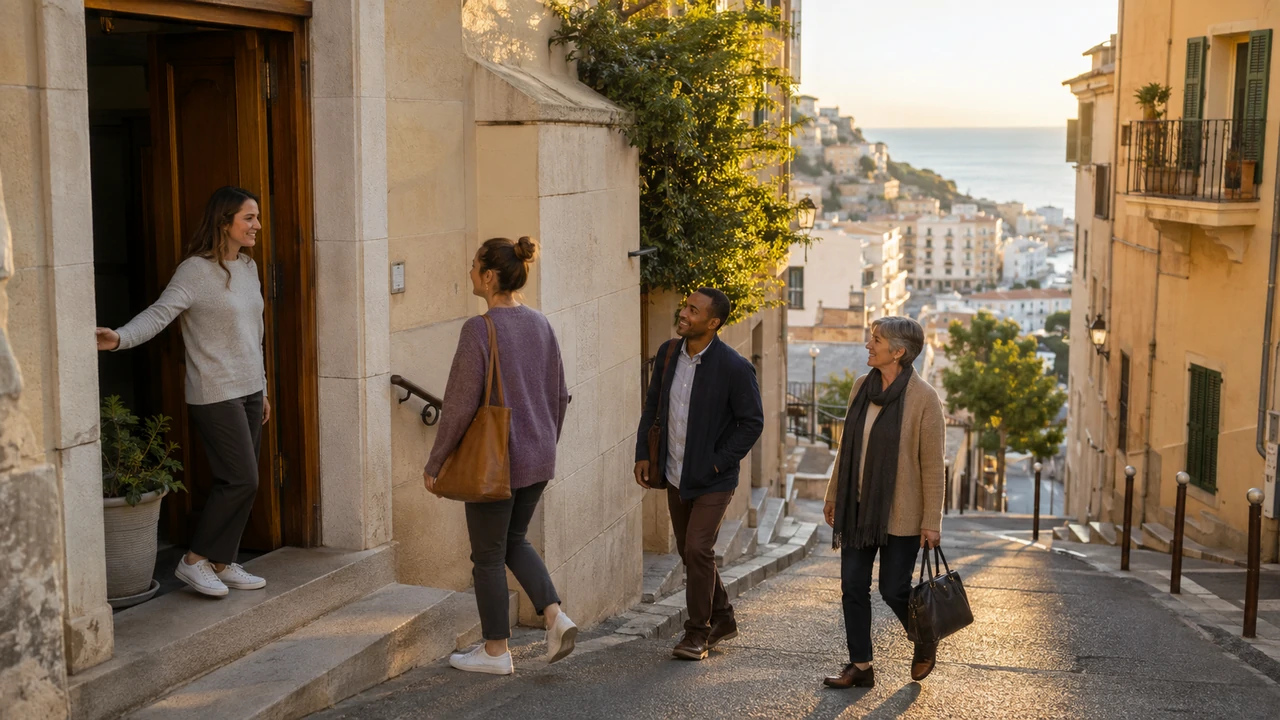 Four adults being welcomed at a church doorway on a steep Mediterranean street overlooking the sea.