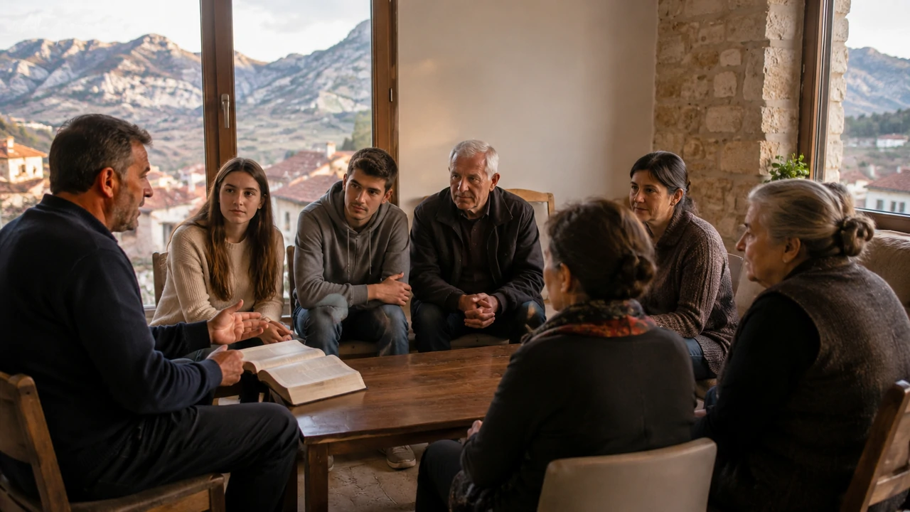 A small multigenerational Christian group in Montenegro listens as a man teaches from an open Bible in a modest stone-walled room.