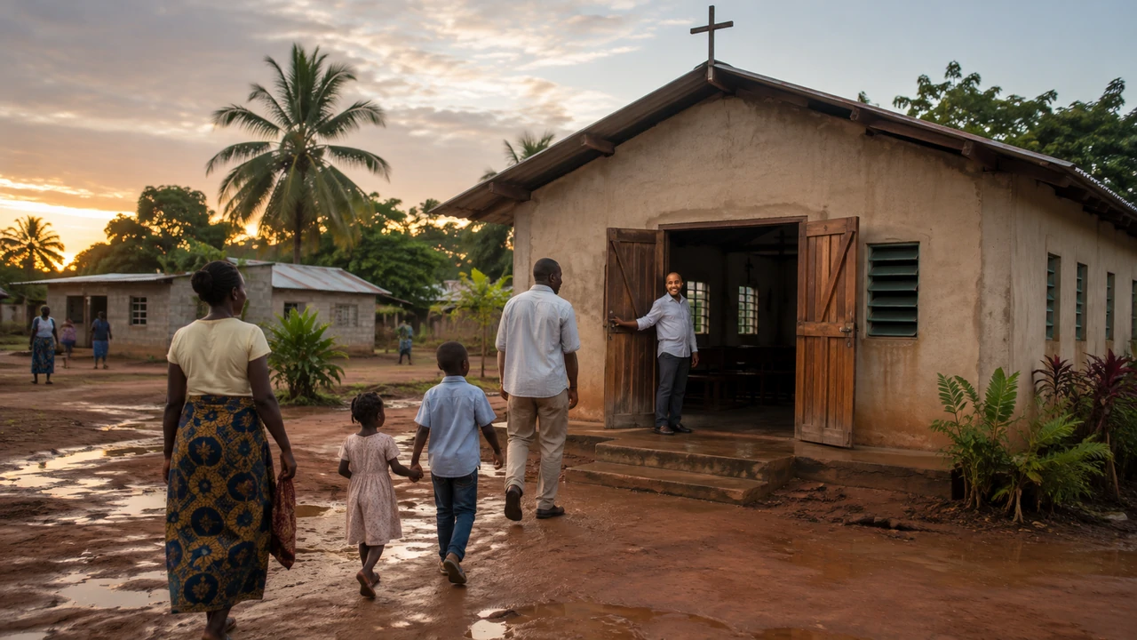 A family walks across rain-wet red earth toward a modest village church at sunrise while a church leader welcomes them.