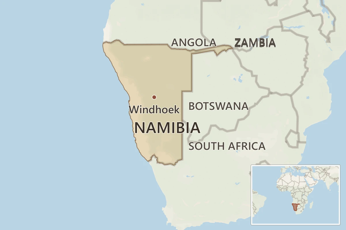 Map of Namibia showing Windhoek and neighbouring Angola, Zambia, Botswana and South Africa, with an inset locating Namibia in Africa.