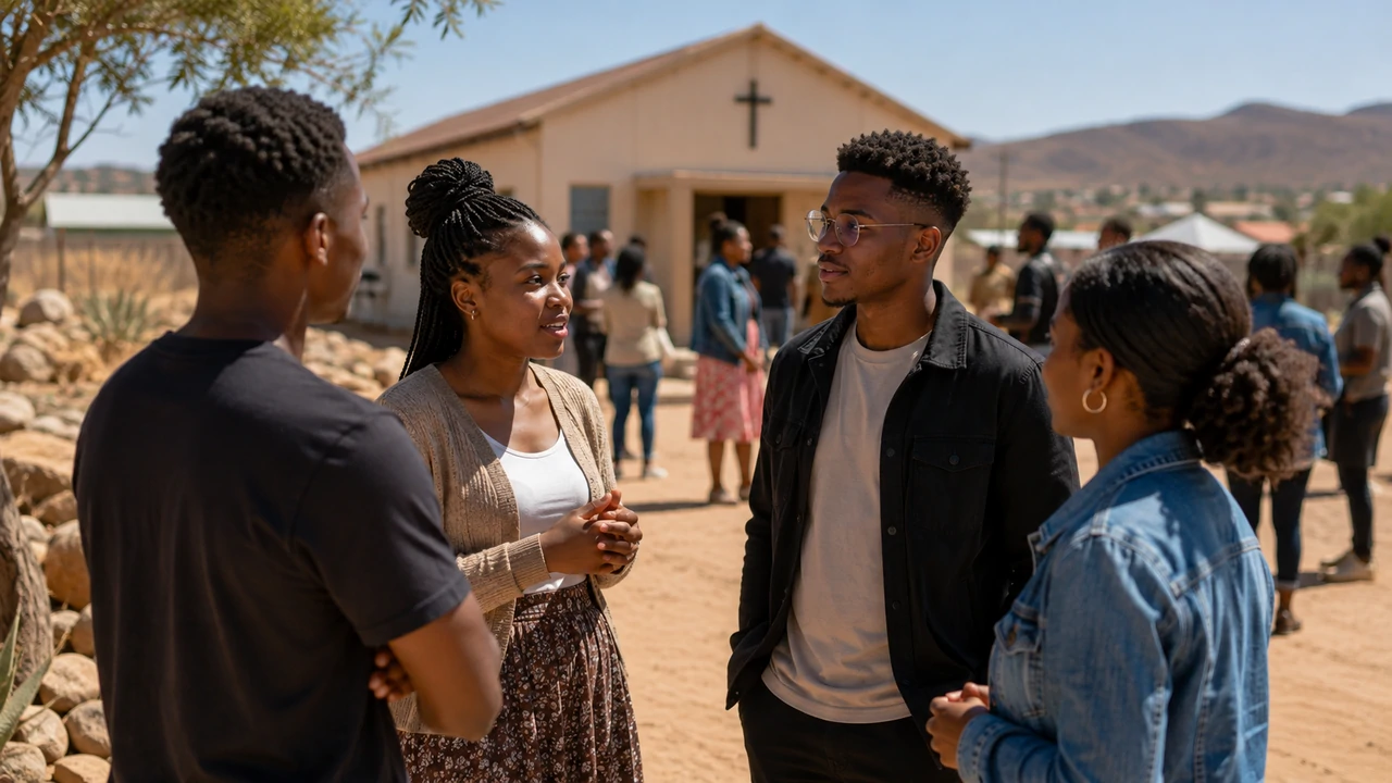 Young adults talking outside a church in a dry southern African setting.