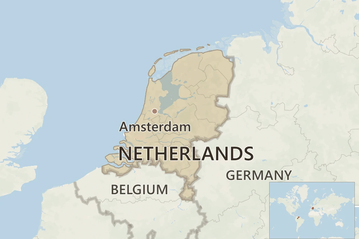 Map locating the Netherlands beside Belgium and Germany, with Amsterdam marked and an inset showing its wider position in Europe.