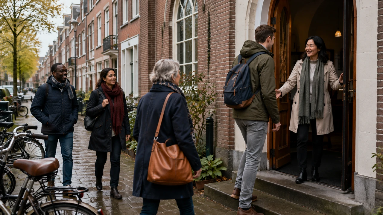 Adults arriving at a modest church on a rainy street in the Netherlands, with brick houses and bicycles nearby.