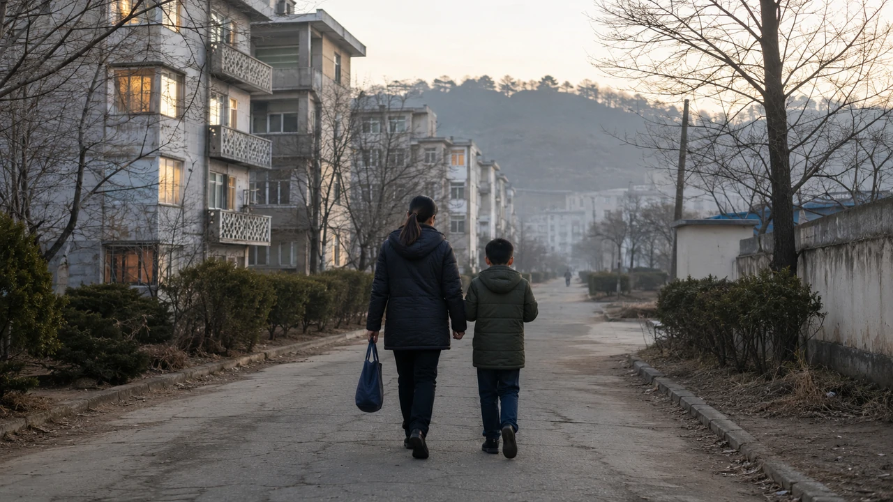 An adult and child walk along a quiet residential street lined with weathered apartment buildings and bare trees at first light.