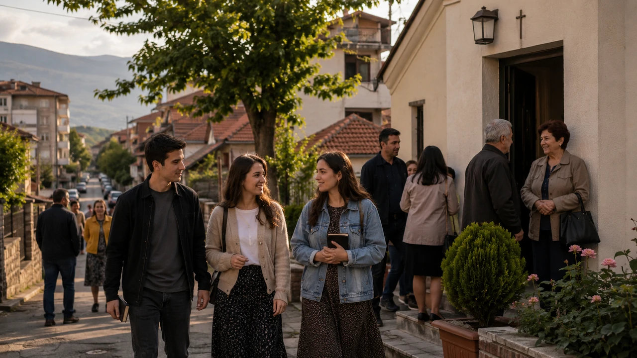 Young adults walking past older adults outside a neighborhood church in North Macedonia, with tiled roofs and hills in the background.