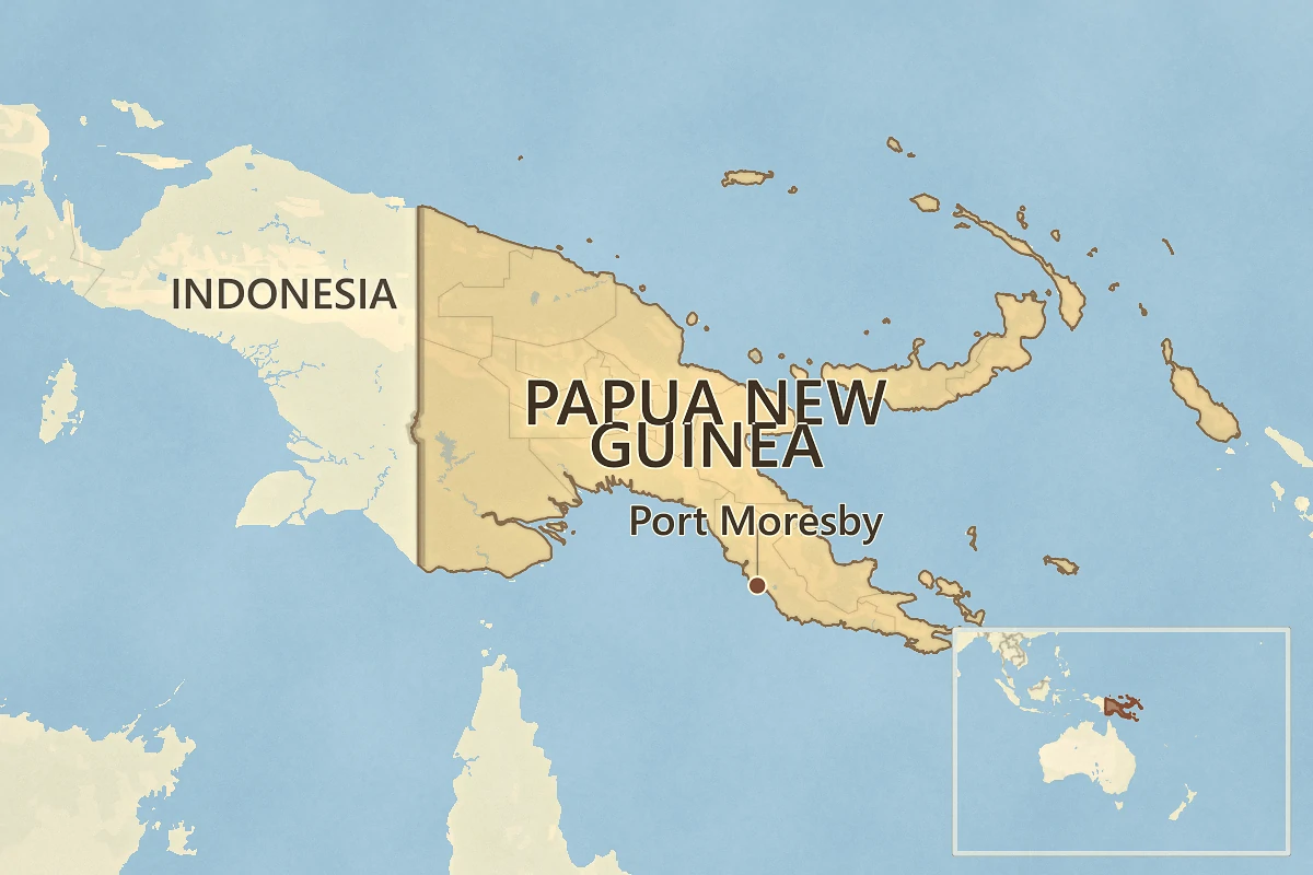 Map of Papua New Guinea east of Indonesia, marking Port Moresby, with an inset showing its location in Oceania.