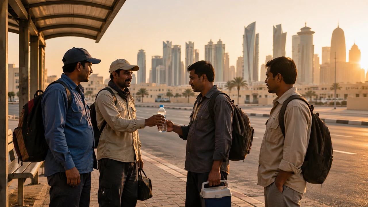 Four workers beside a roadside shelter in Doha, with one offering a bottle of water to another.
