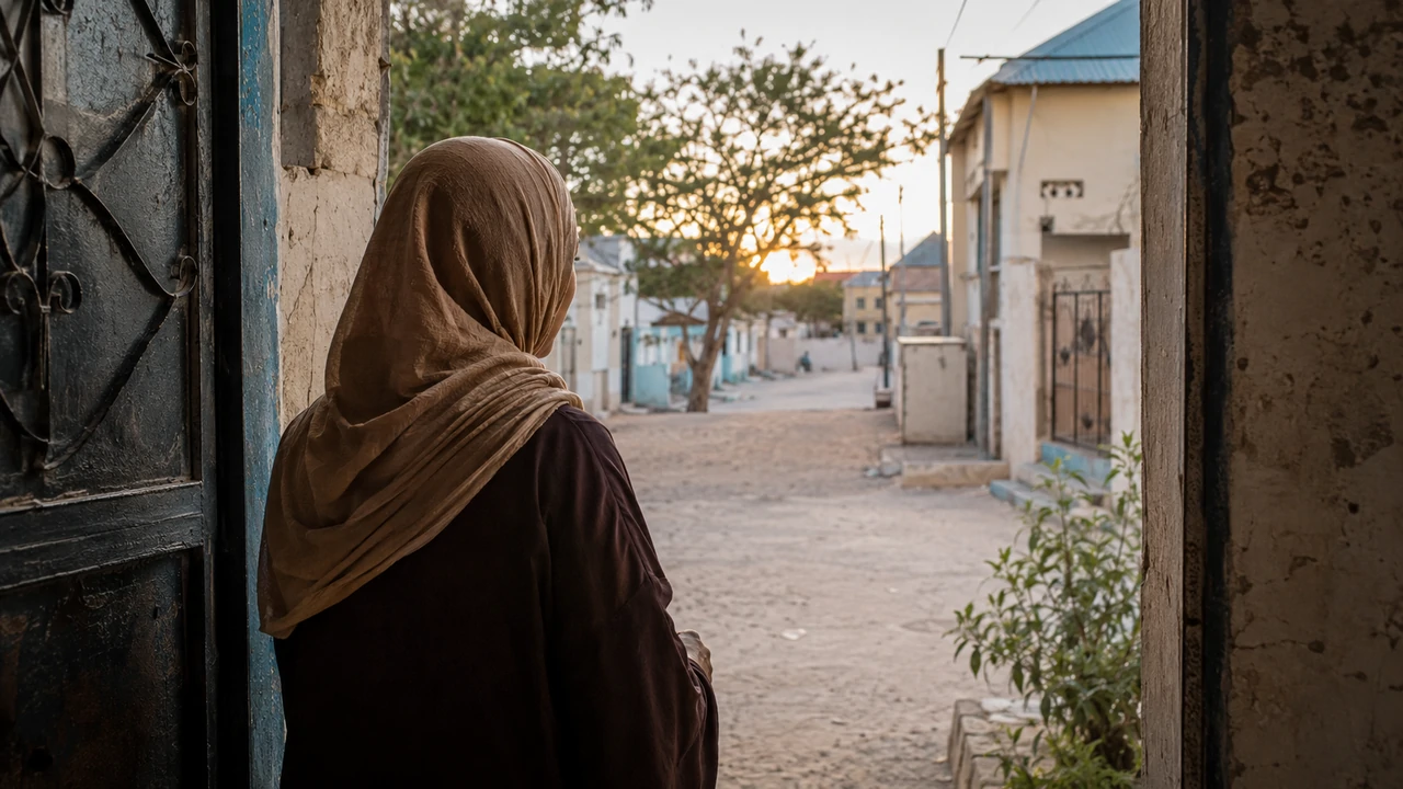An anonymous woman in a brown headscarf stands at a doorway, looking onto a quiet residential street at dawn.